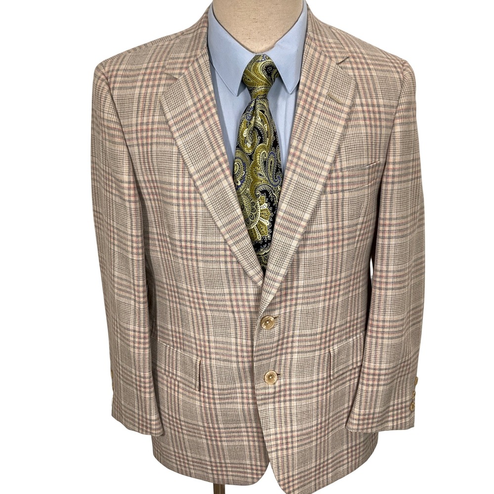Hart Schaffner Marx Blazer Mens 38 Beige Pink Gray Plaid 80s Preppy Jacket USA